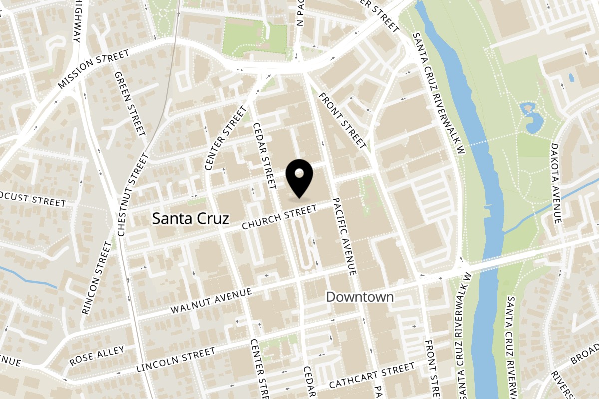 Map showing the location of Mozaic on 110 Church St in Santa Cruz